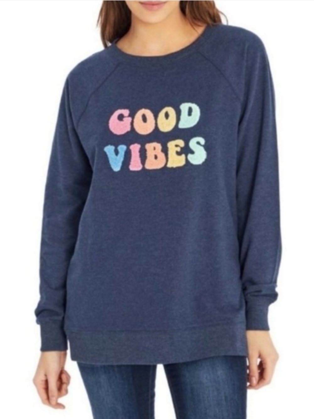 Wildfox GOOD VIBES Rainbow Chenille Lettering Navy Crewneck Sweatshirt, Large